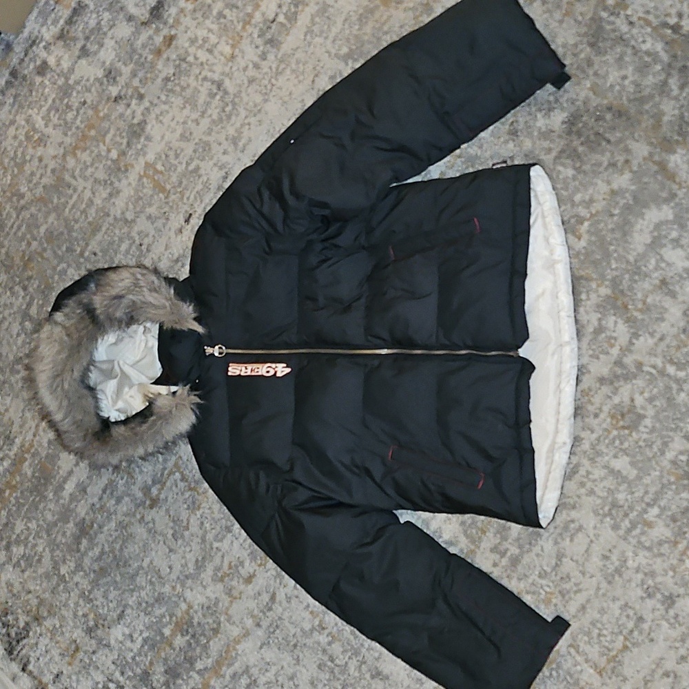 San Francisco 49ers Black Puffer Jacket with Fur Hood Large